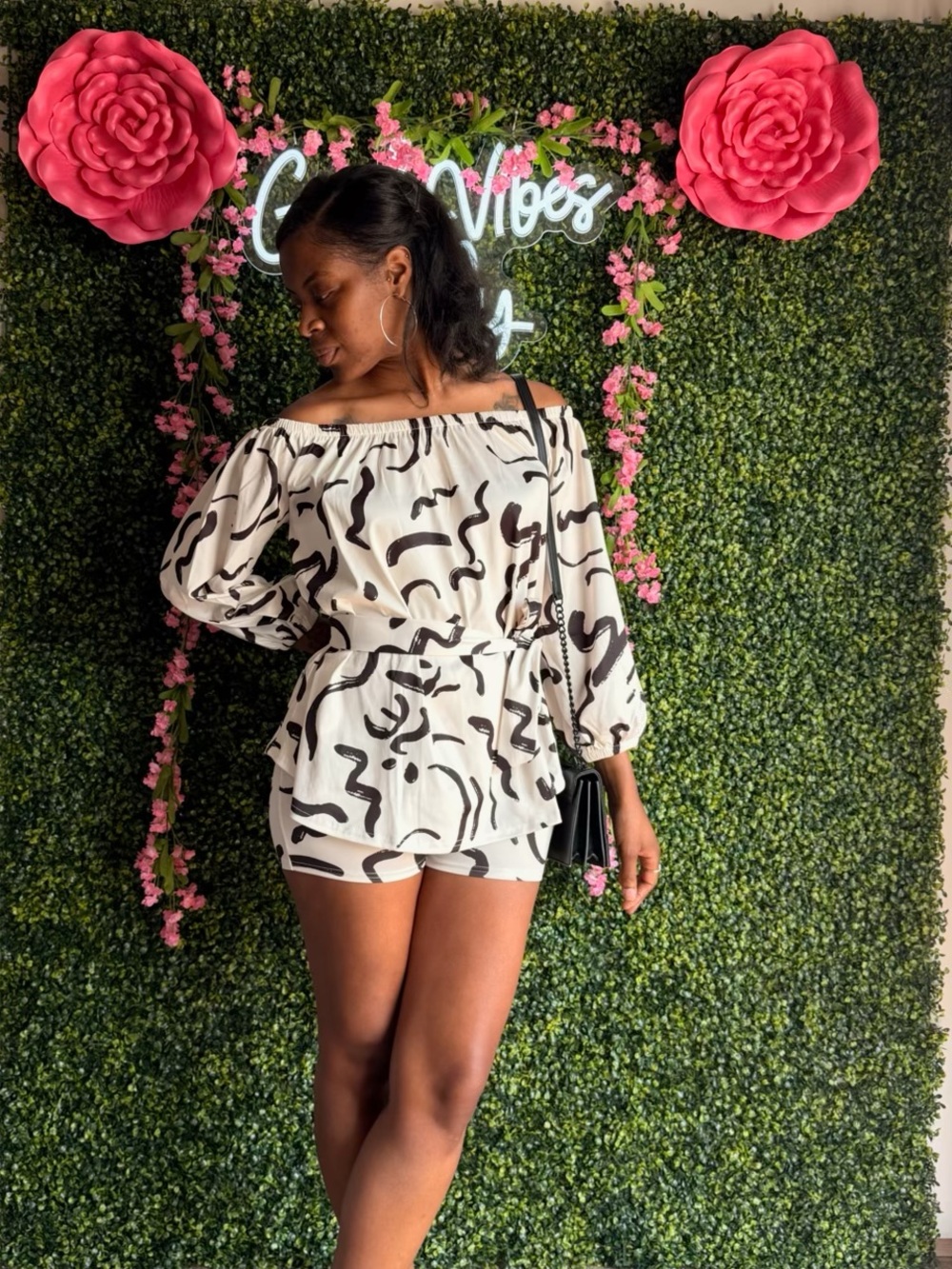 Off-Shoulder Black & White Printed Romper